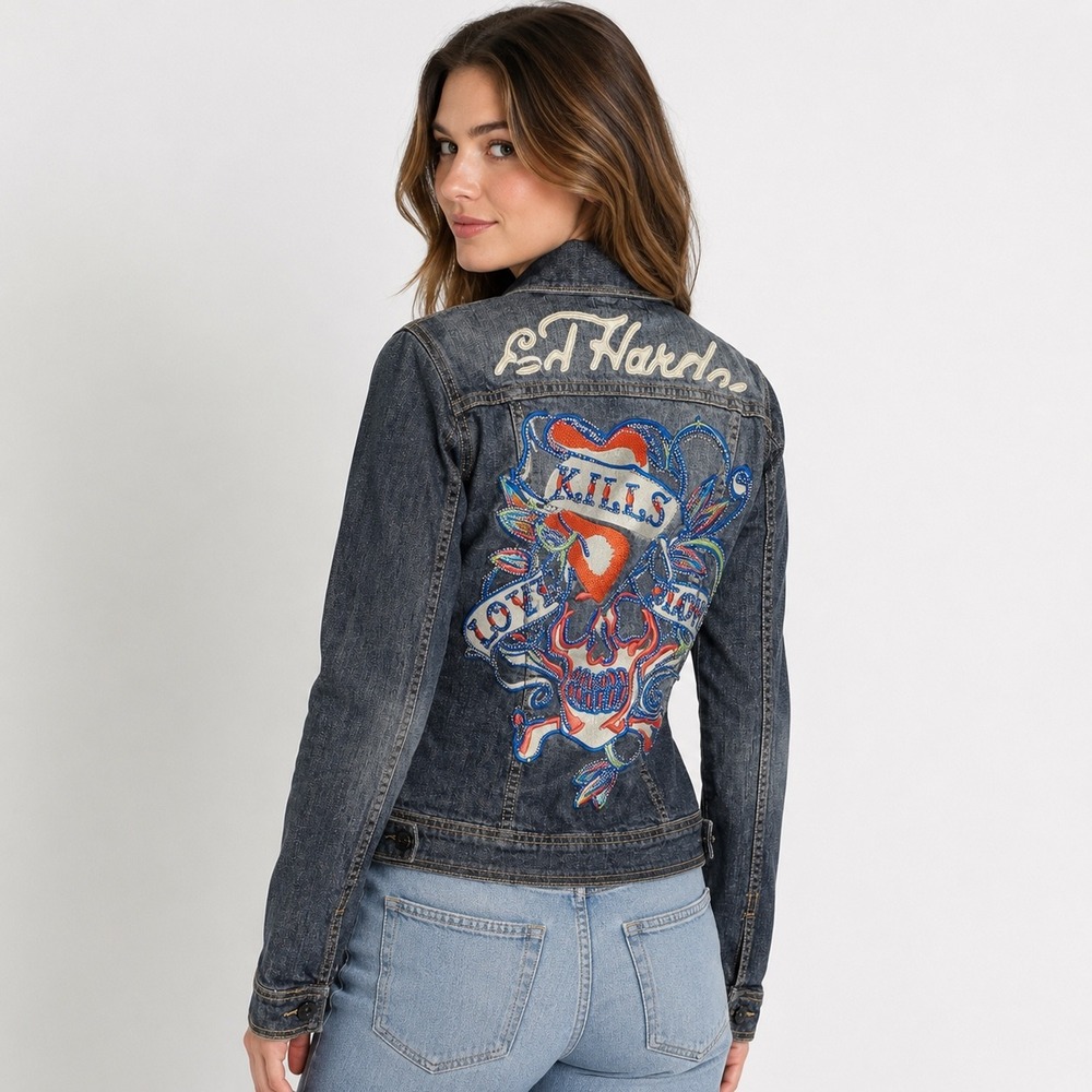 Ed Hardy Denim Jacket S Dark Wash Rhinestone Tattoo Graphic Y2K Cyber McBling